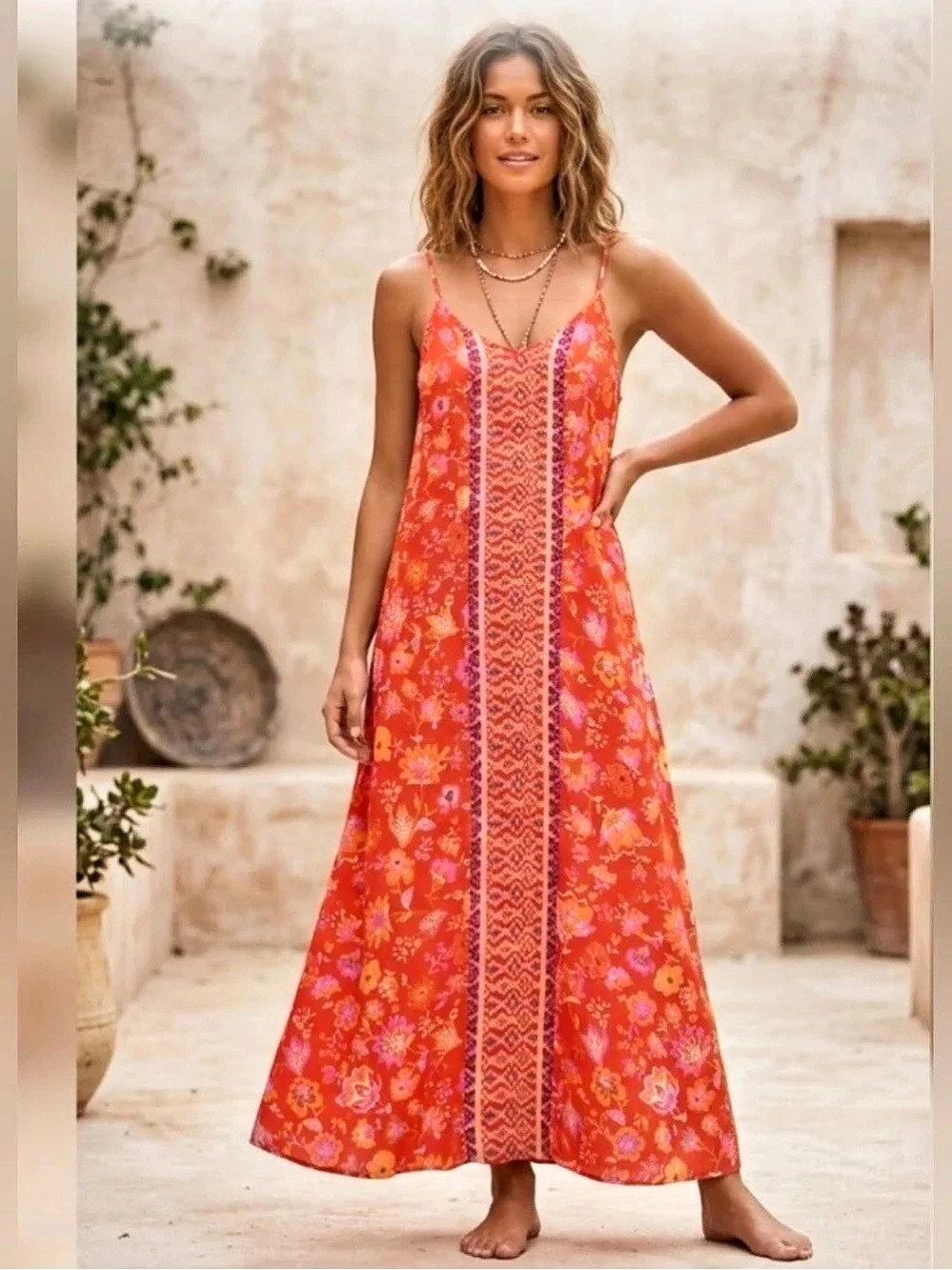 NWT Liverpool Los Angeles flowy maxi, red/orange mixed floral print with adjusta